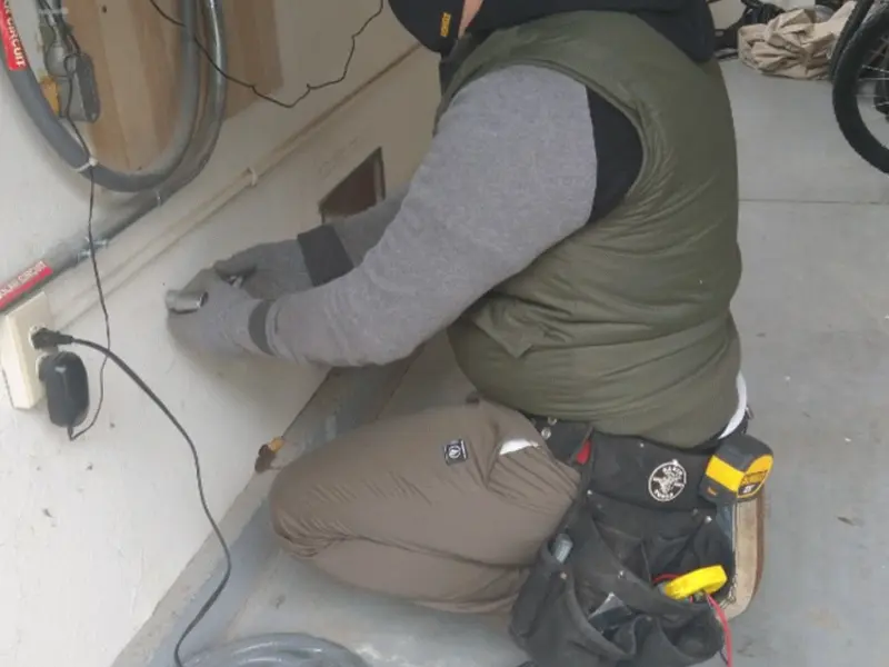 Electrician performing outlet wiring in a Center garage